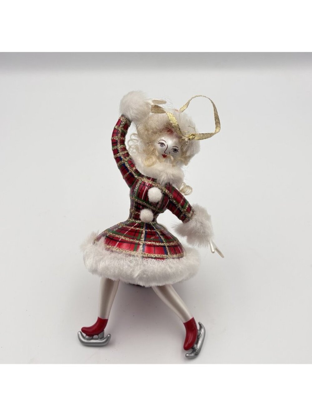 De Carlini Blown Glass Ice Skater Christmas Ornament Plaid Dress 8” Ladies